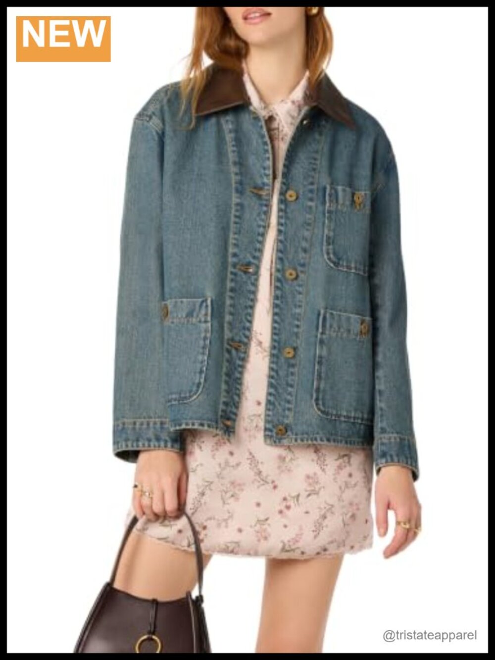 Denim Jacket with Contrast Leather Collar Patch Pockets Button Front